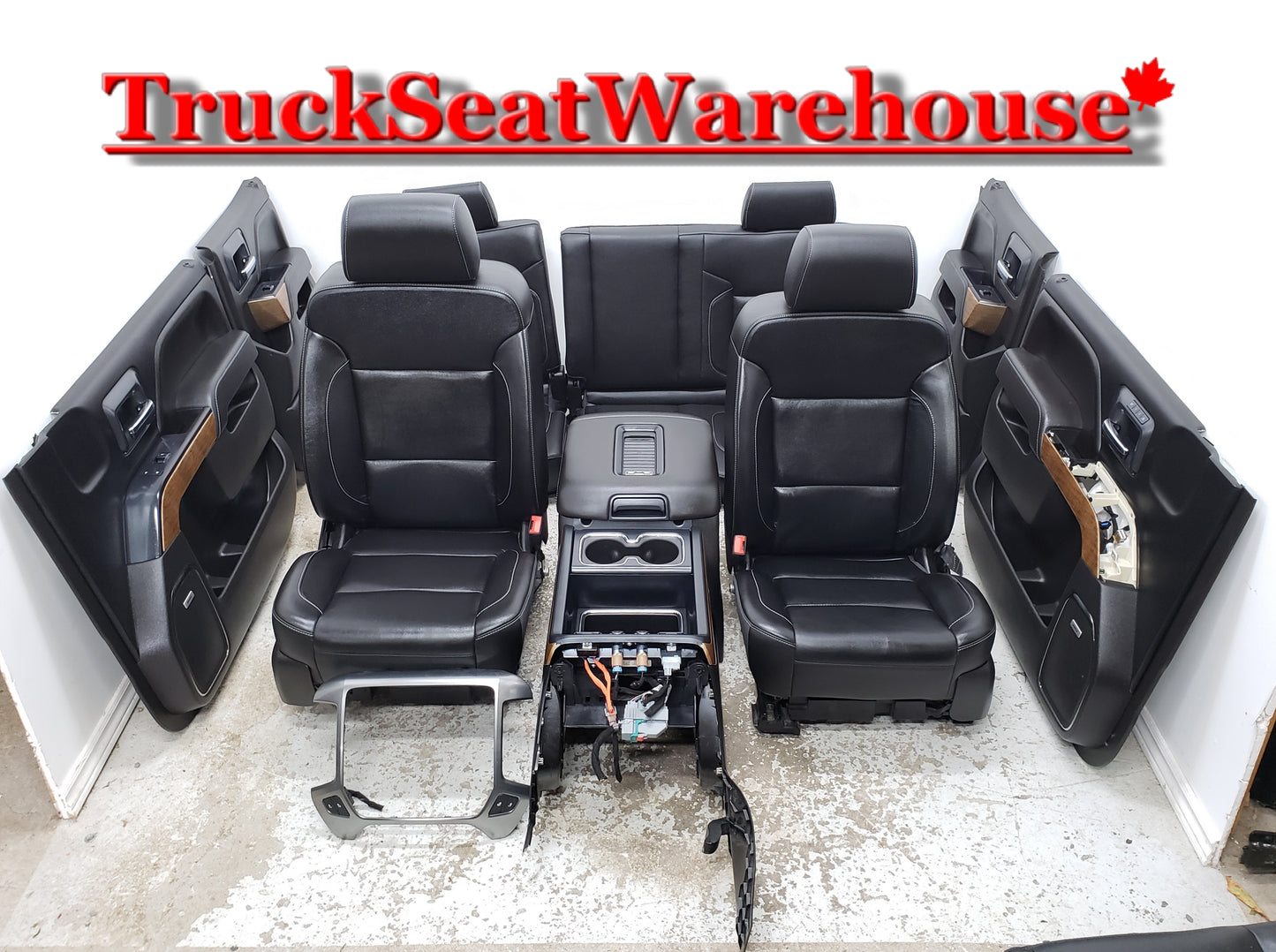 Black Leather front and rear seats, center charging console and all 4 door pad panels from a 2017 Chevy Silverado double cab .  fits GMC Sierra as well. interior