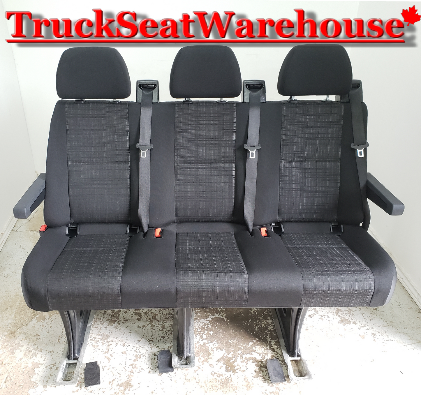 Black cloth 3 position bench seat from a 2014 Chrysler Sprinter Mercedes Passenger Van. removable quick release cargo