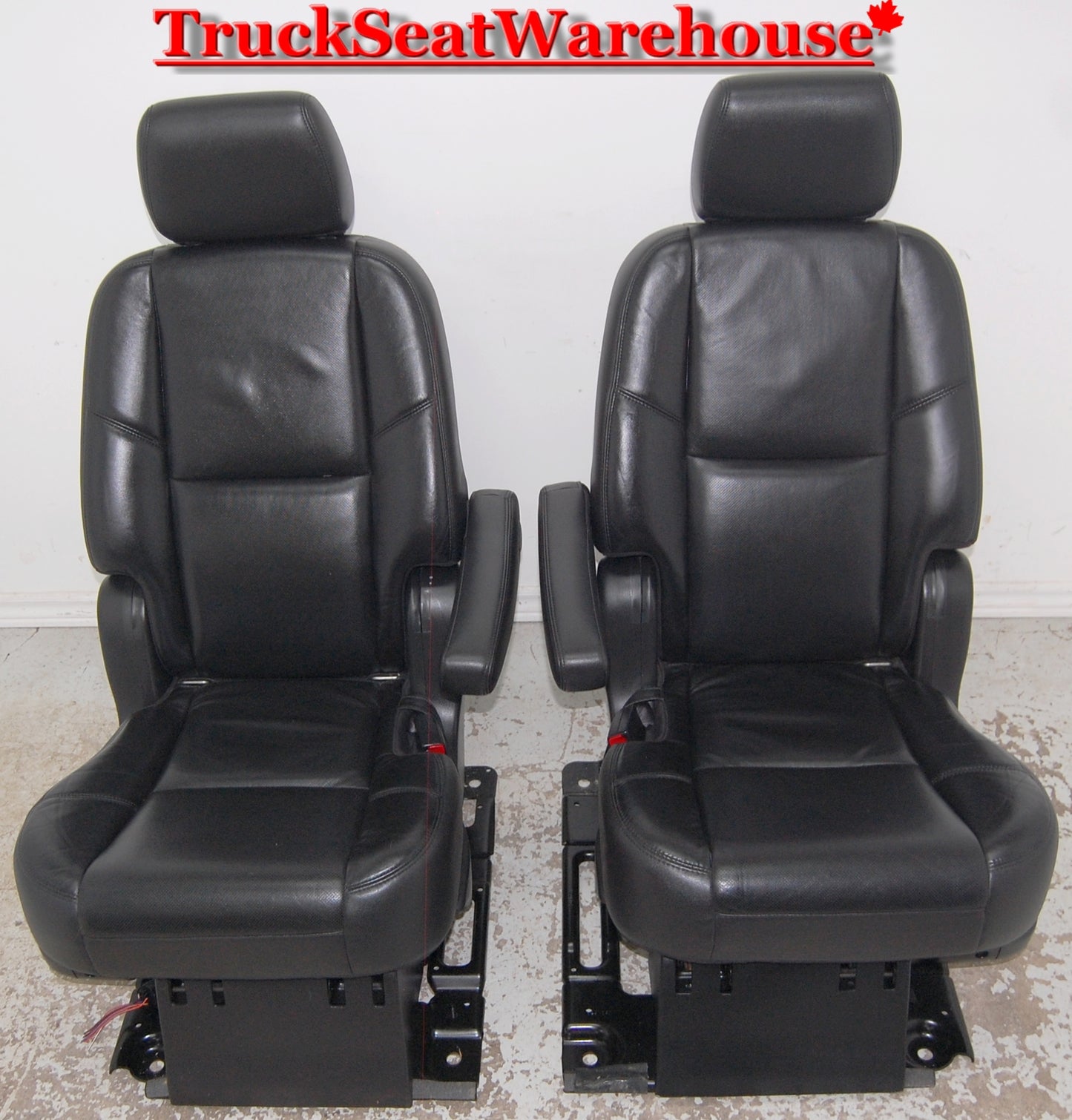 Black leather second row bucket seats from a 2013 Cadillac Escalade ESV . Will fit 2007-14 style Cadillac ESV, Suburban, Yukon Denali XL