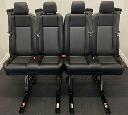 Ford Transit Passenger Van Black Vinyl Quick Release Universal Fit 4 Position Bench Seat 64” Wide Including the Seatbelt Retractor.