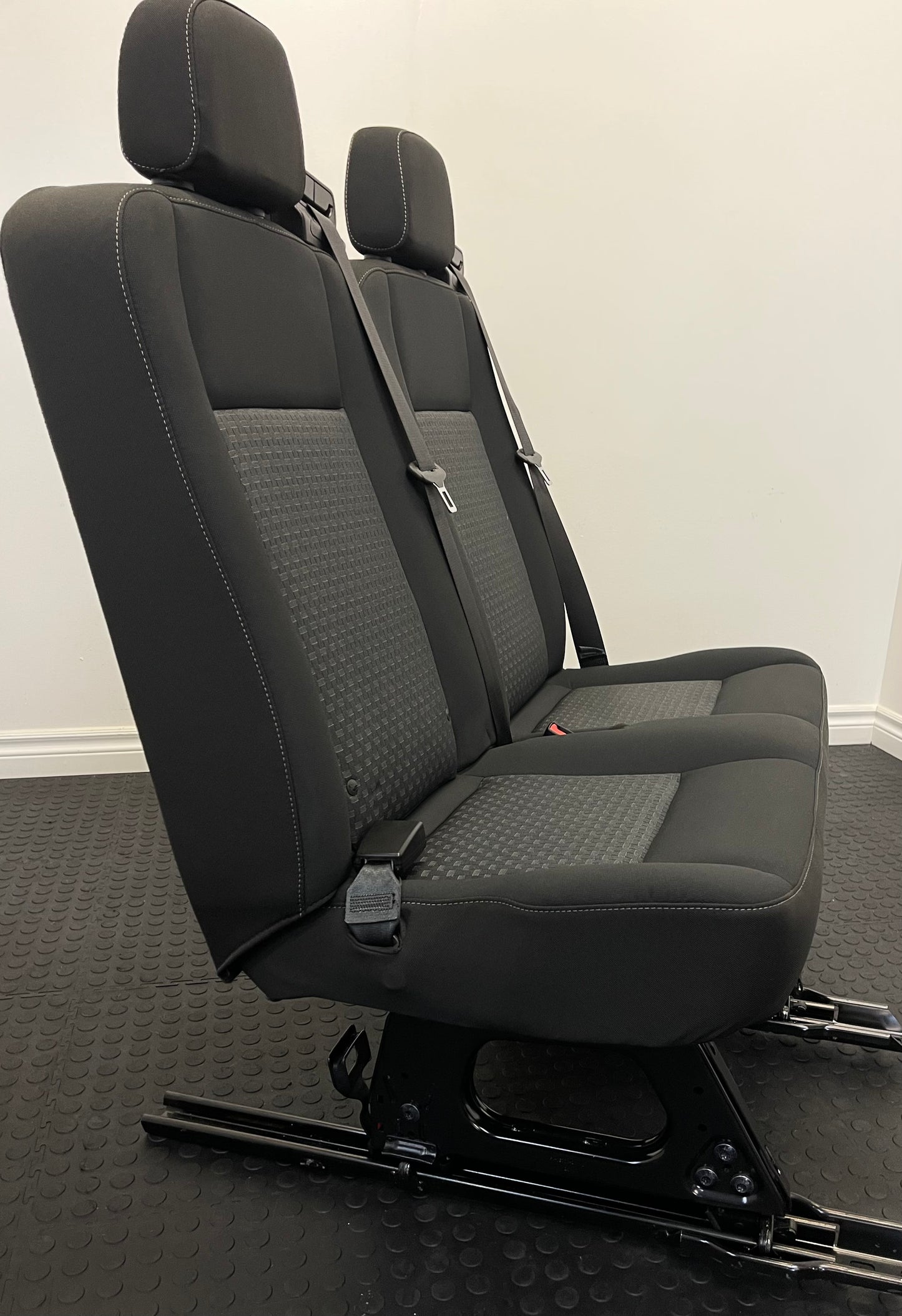 Ford Transit Passenger Van 2022 Black Cloth Quick Release Universal Fit 2 Person Double Bench Seat 36 in. Left VANLIFE Cargo Camper Savanna Express