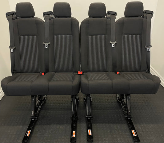 Ford Transit Passenger Van Black Cloth Quick Release Universal Fit 4 Position Bench Seat 64" Wide Including the Seatbelt Retractor.