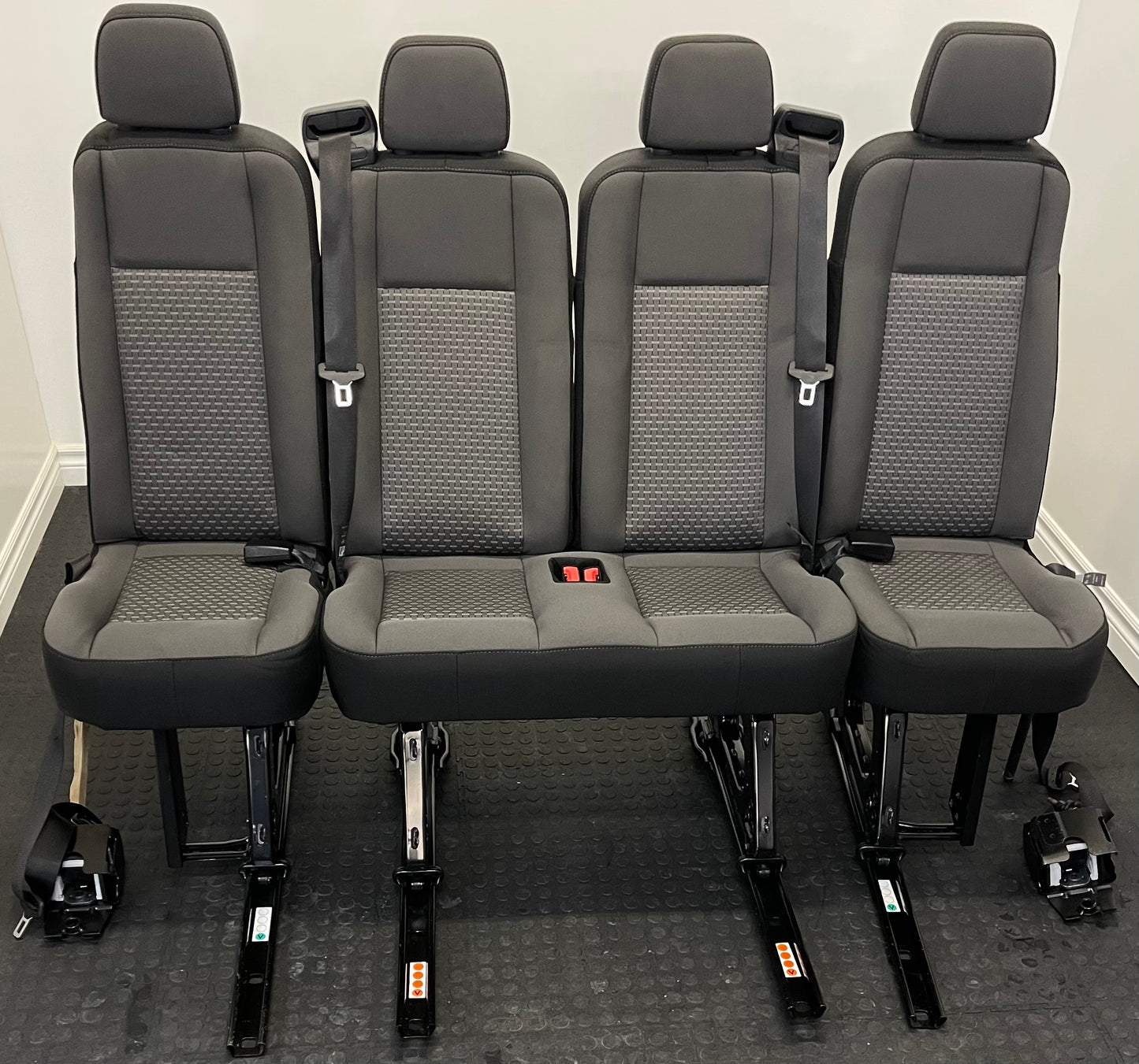 Ford Transit Passenger Van Dark Palazzo Grey Cloth Quick Release Universal Fit 4 Position Bench Seat 64" Wide Including the Seatbelt Retractor.