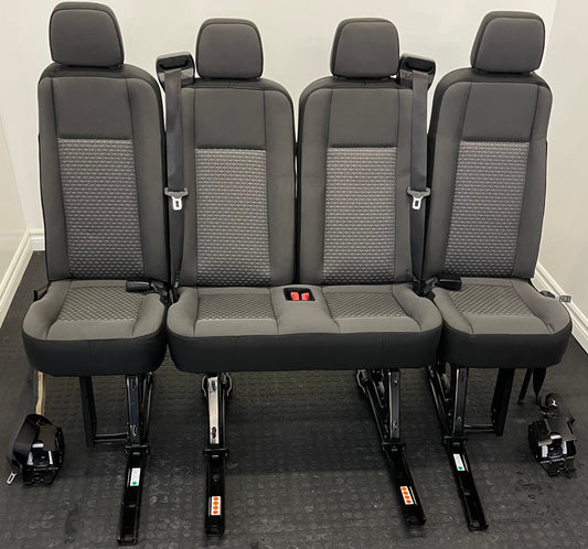 Ford Transit Passenger Van Dark Palazzo Grey Cloth Quick Release Universal Fit 4 Position Bench Seat 64" Wide Including the Seatbelt Retractor.