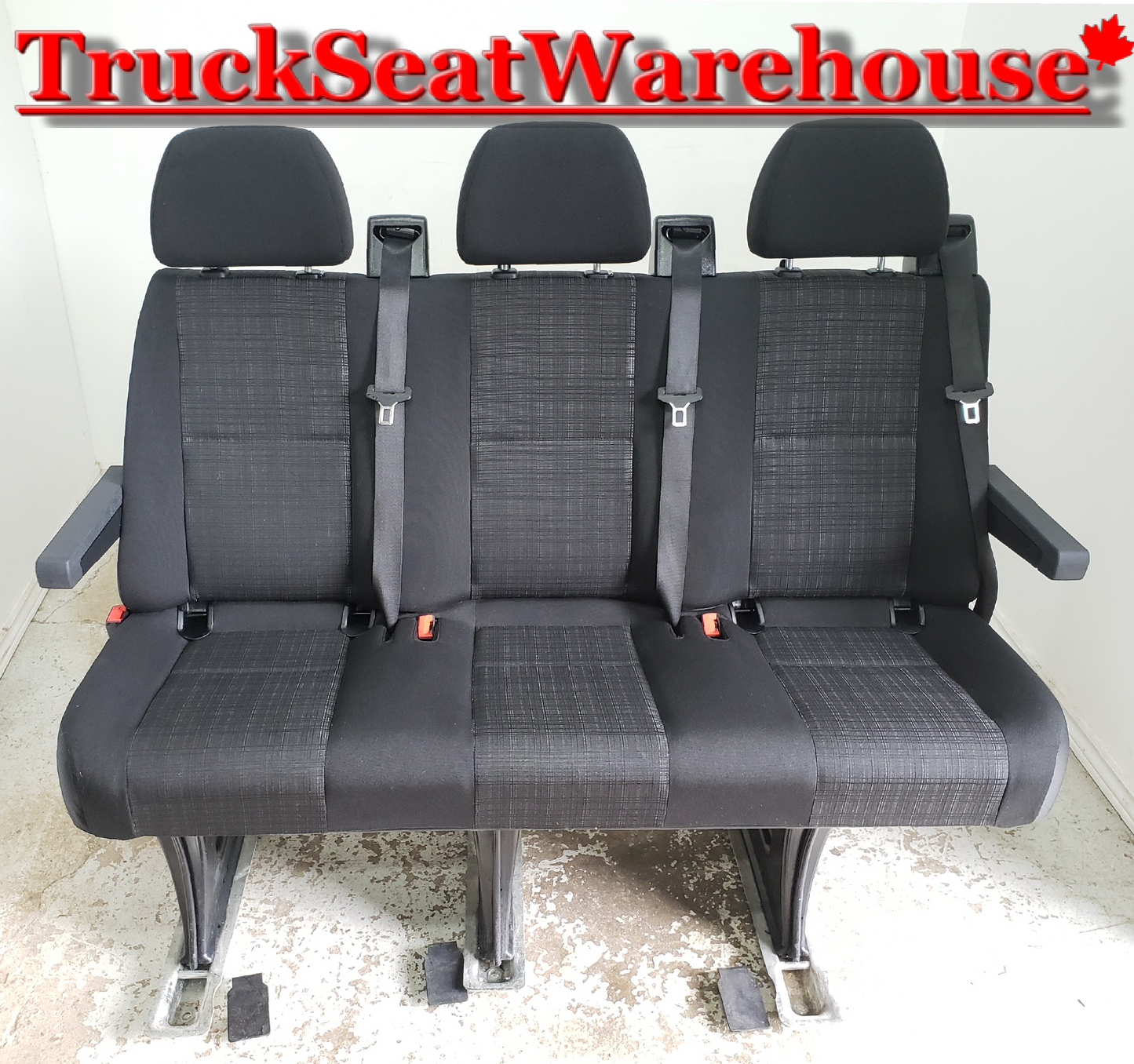 Black cloth 3 position bench seat from a 2014 Chrysler Sprinter Mercedes Passenger Van. removable quick release cargo 