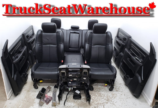 Black Leather front and rear seats, center console and all 4 door pad panels cards from a 2018 Dodge Ram Crew Cab Interior Truck