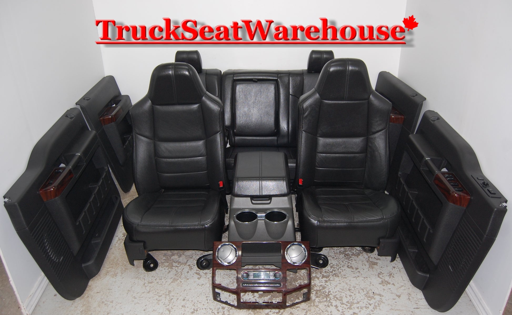 Black Leather front and rear seats, front center console, woodgrain dash trim piece and all four door pad panels from a 2008 Ford F250 SuperDuty Crew Cab. F350 F450 F550