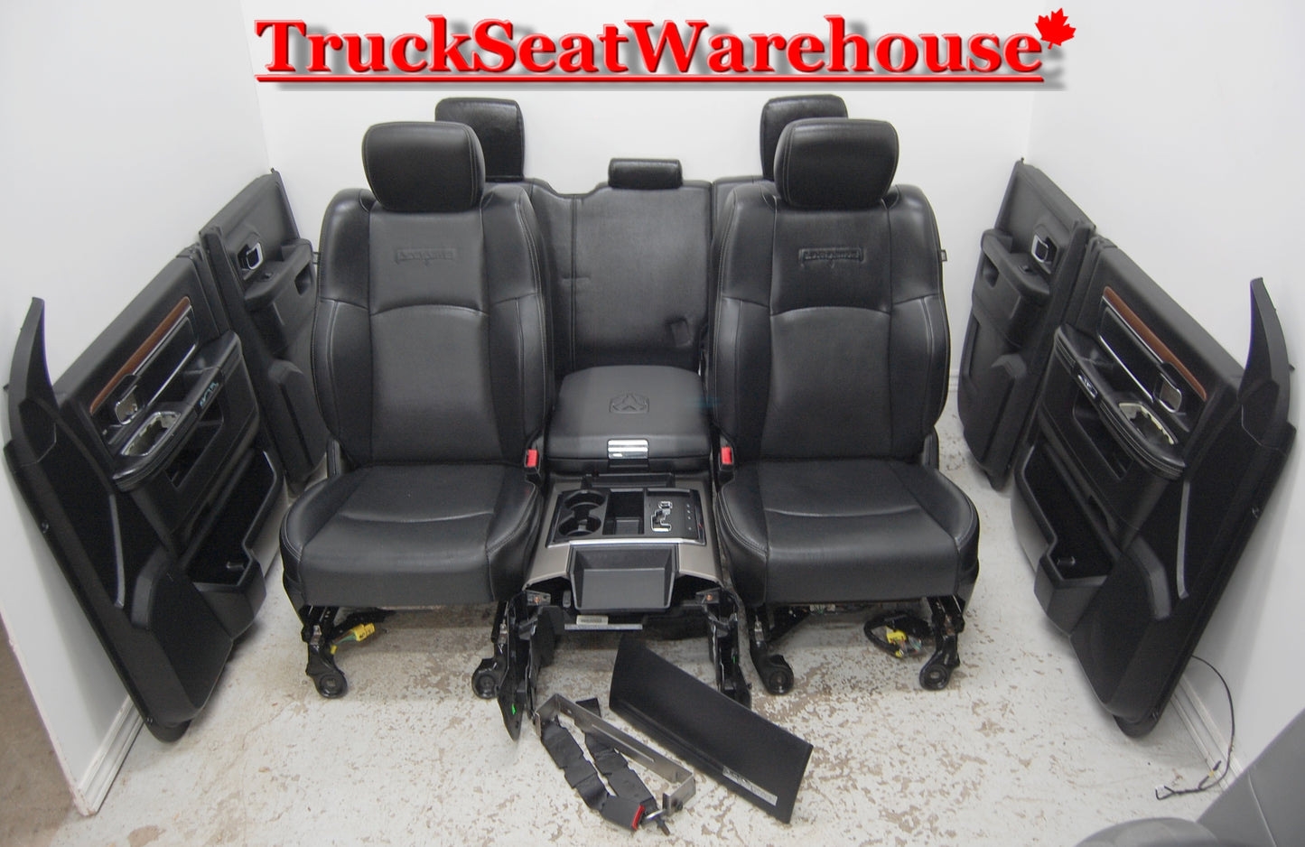 Black Leather front and rear seats, center console and all 4 door pad panels cards from a 2014 Dodge Ram Laramie Crew Cab