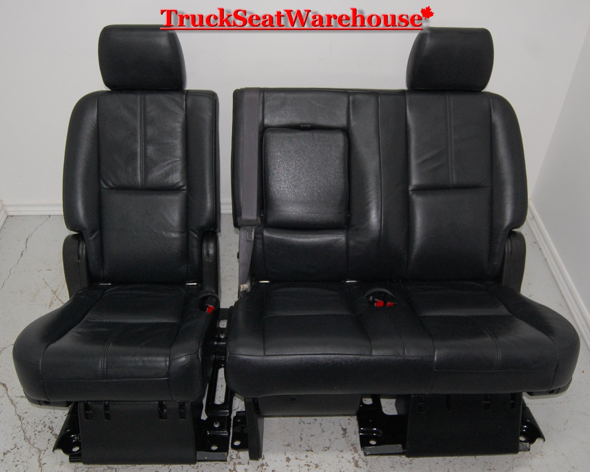 Black leather second row bench seat will fit 2007-14 style short GMC Yukon or Chev Tahoe, Denali or Escalade