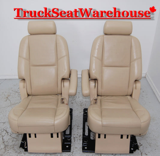 Tan / Cashmere leather heated power folding second 2nd row bucket seats. Will fit 2007-14 style Yukon XL Suburban or Escalade ESV or Denali XL  2007 2008 2009 2010 2011 2012 2013