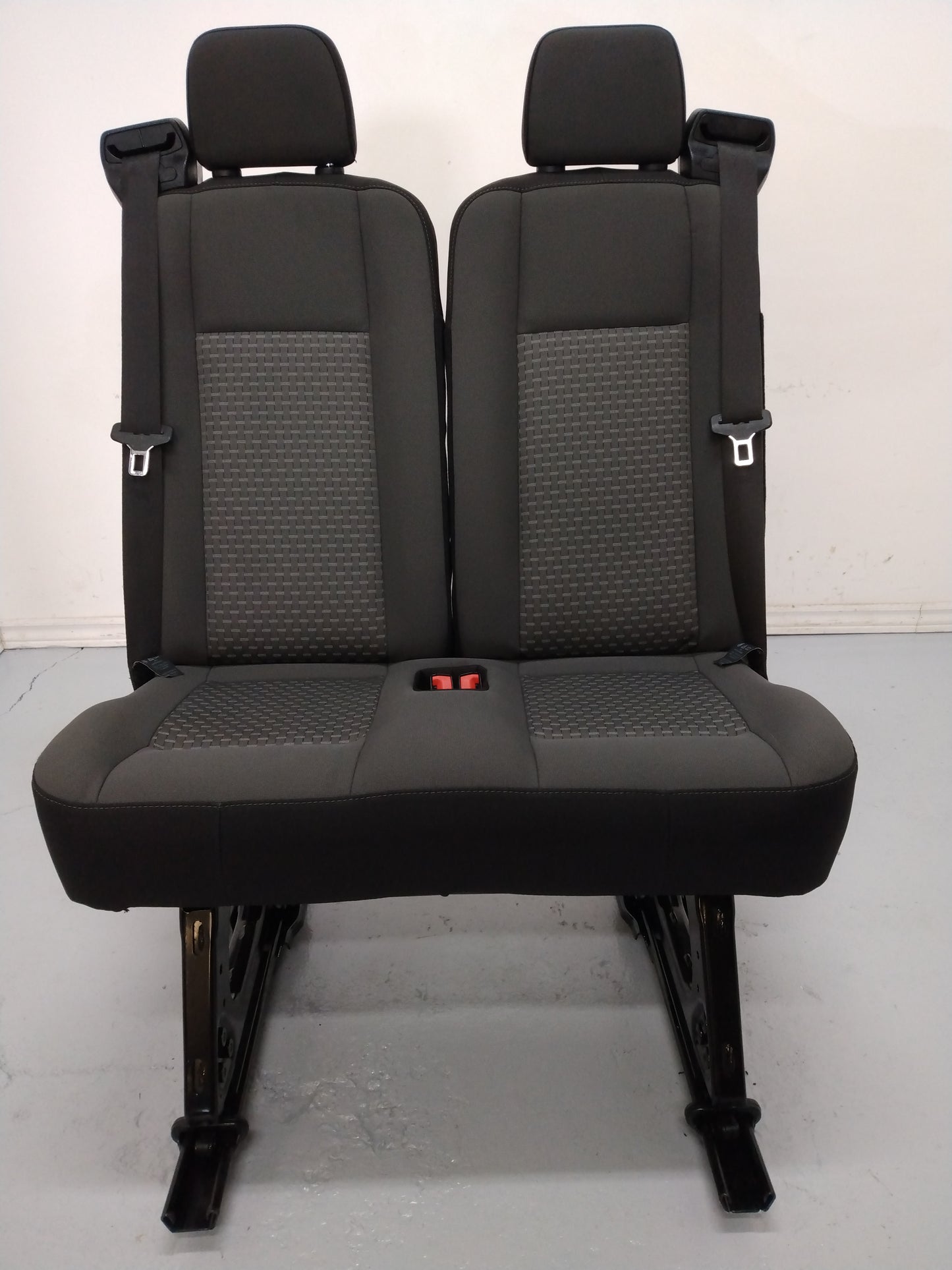 2022 Ford Transit van black cloth 2 position bench seat. This is a 31 inch wide center mount seat | quick release removable universal fit cargo custom install camper work